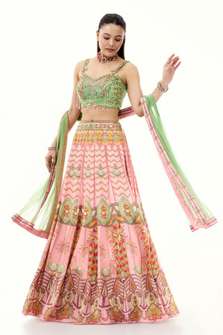 Pink Satin Crepe Lehenga with Mint Green Embellished Blouse