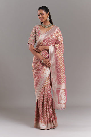 Pink Shimmer Tissue Banarasi Saree with Stitched Blouse