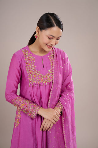 Pink Silk Blend Anarkali Kurta Set with Zari Embroidery