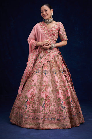 Pink Silk Bridal Lehenga with Zardozi and French Knot Work