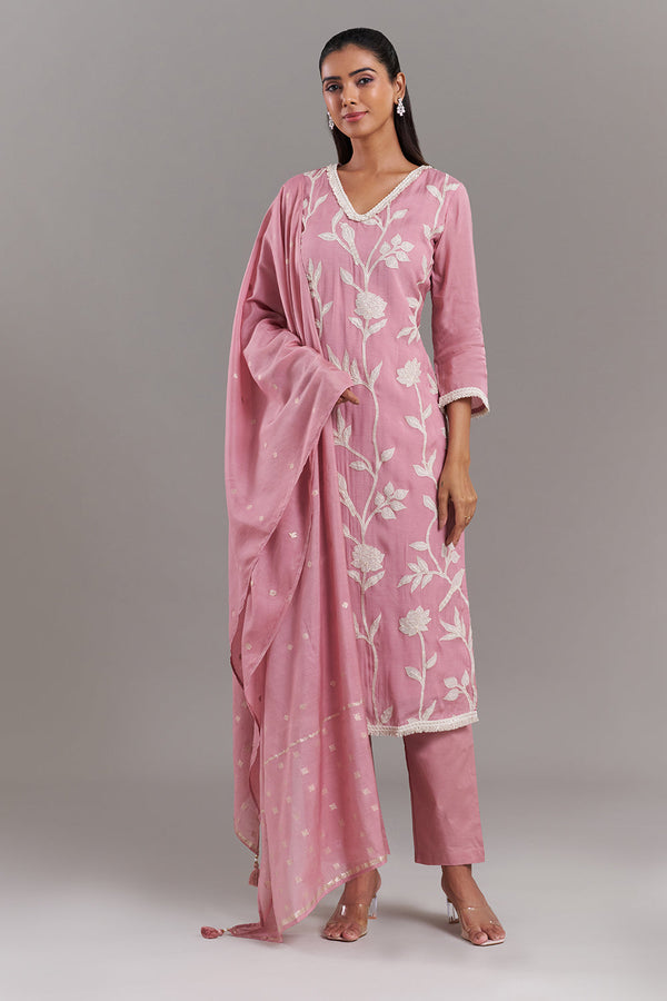 Pink Tissue Applique  Kurta Set