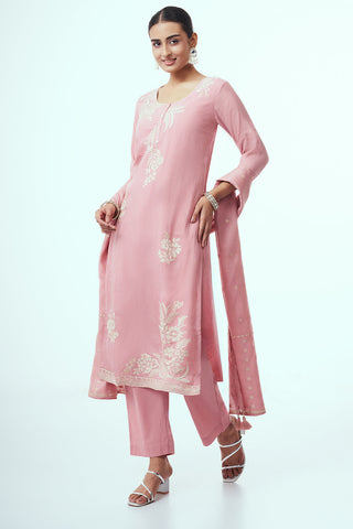 Pink Tissue Kurta Set with Applique Work