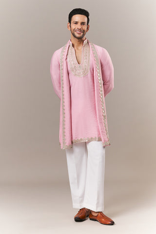 Pink Viscose Mens Kurta Set with Dori and Sequins Work