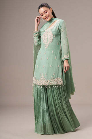 Pista Green Chinon Sharara Suit with Pearl and Sequin Work