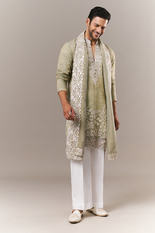 Pista Green Crush Mens Kurta Set with Dori and Mirror Work
