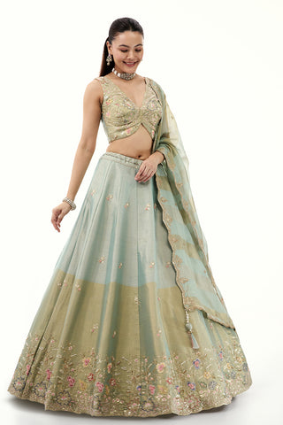Pista Green Silk Lehenga with Resham Embroidery