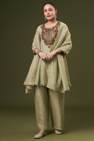 Pista Green Tissue Salwar Kameez with Thread and Zari Work