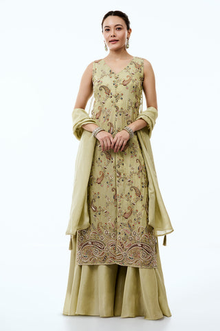 Pista Green Tissue Silk Palazzo Set With Cutdana and Resham Work