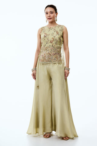 Pista Green Tissue Silk Palazzo Suit with Cutdana and Resham Work