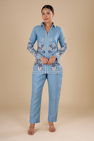 Powder Blue Linen Co-ord Set with Floral Thread Embroidery