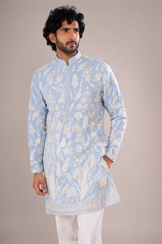 Powder Blue Men's Embroidered Silk Blend Kurta Set