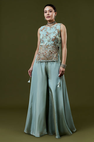 Powder Blue Tissue Palazzo Set With Resham and Cutdana Work
