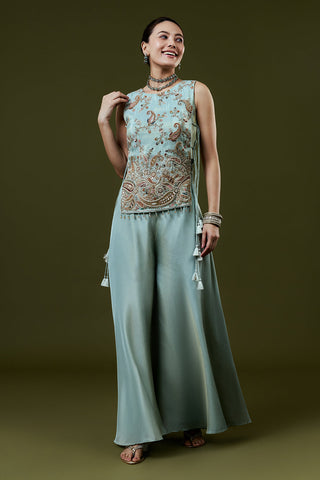 Powder Blue Tissue Palazzo Set With Resham and Cutdana Work