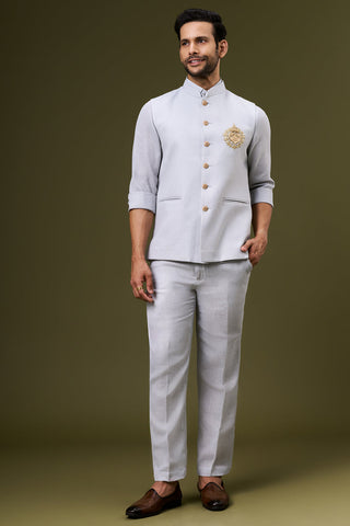Powder Grey Linen Bundi Set with Zardosi and Cut Dana Motif