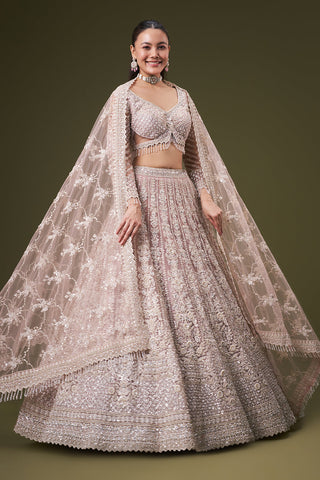 Powder Pink Tissue Bridesmaid Lehenga with Sequin and Resham Work
