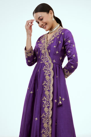 Purple Art Silk Angrakha Suit with Zardosi Work