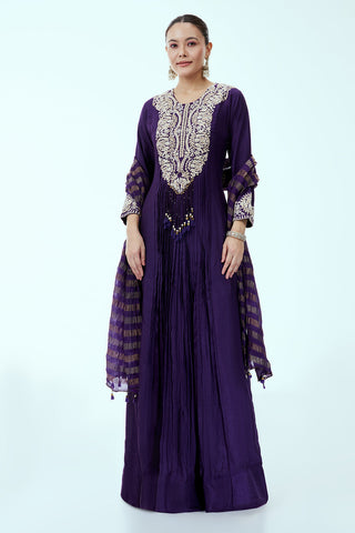 Purple Cotton Silk Anarkali with French Knots, Moti Accents and Thread Embroidery