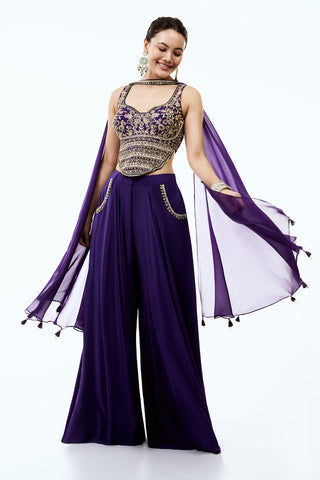 Purple Crepe Assymetrical Indo Western Set With Pearl and Zardosi Work