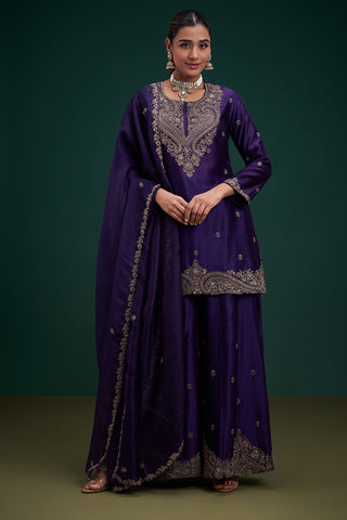 Purple Dupion Pure Silk Sharara Suit with Zardozi Indian Motifs