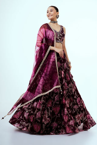 Purple Floral Printed Organza Lehenga with Hand Work