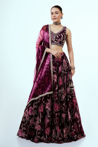 Purple Floral Printed Organza Lehenga with Hand Work