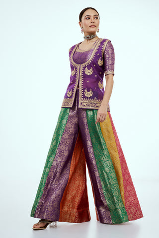 Purple Organza Suit Set with Zardosi Work and Multicoloured Brocade Pants