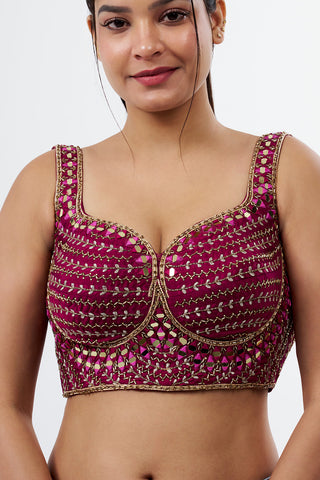 Purple Raw Silk Blouse with Geometric Mirror Work