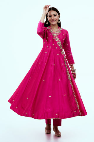Rani Pink Art Silk Suit Set with Zardosi  and Gotta Work