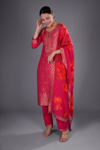 Rani Pink Banarasi Silk Kurta Set with Zari Buti Embroidery