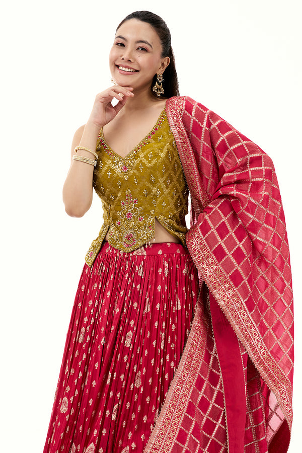 Rani Pink Brocade Lehenga with Resham and Sequin Work