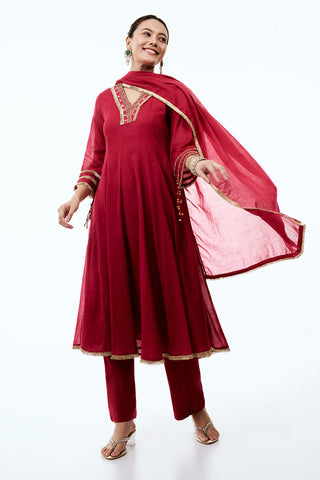 Rani Pink Cotton Semi-Anarkali Set with Gold Beads and Resham Embroidery