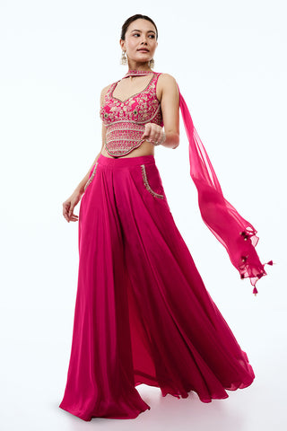 Rani Pink Crepe Assymetrical Indo Western Set with Pearl and Zardosi Work