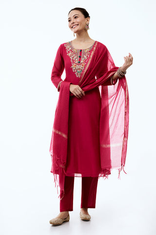 Rani Pink Mul Chanderi Suit Set with Resham and Gotta Work