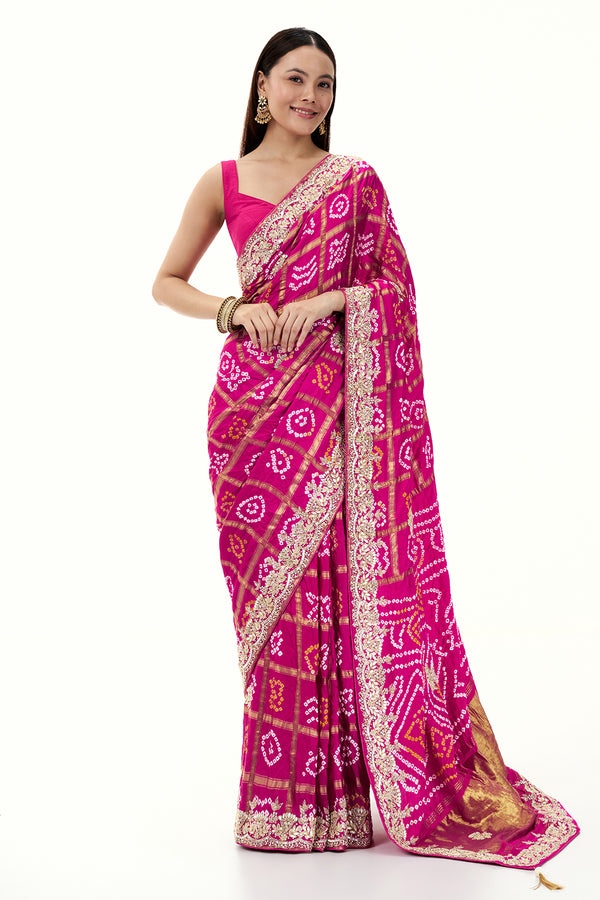 Rani Pink Pure Bandhani Saree with Zardosi Work
