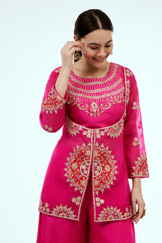 Rani Pink Organza Co-ord Set with Zardosi Work