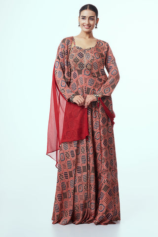 Red Ajrakh Anarkali Suit with Zardozi Work