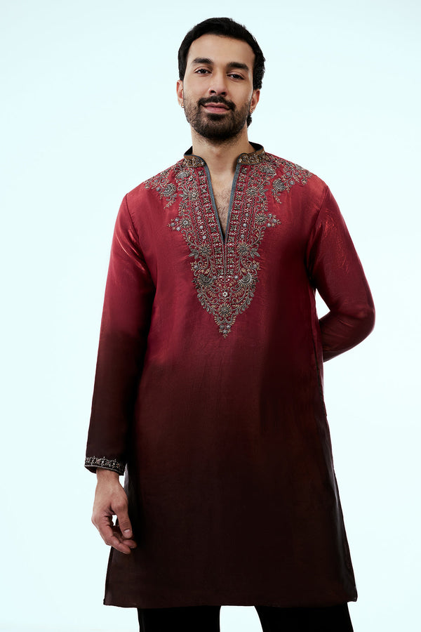 Red Ombre Tissue Organza Mens Kurta Set with Metallic Handwork