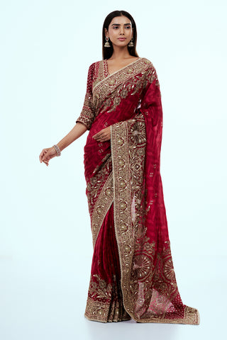 Red Organza Printed Saree with Zari Embroidery