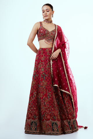 Red Printed Art Silk Lehenga with Zari Embroidery