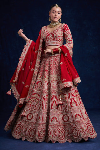 Red Raw Silk Bridal Lehenga with Cutdana and French Knot Work
