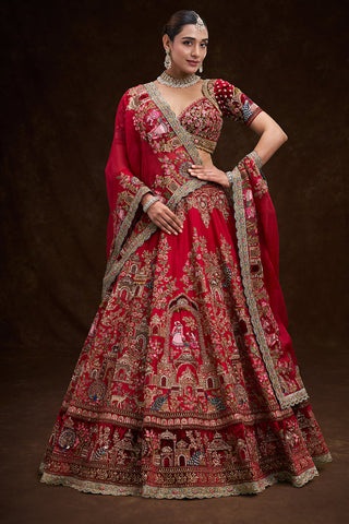 Red Raw Silk Bridal Lehenga with Royal Garden Zardozi Work and Velvet Blouse
