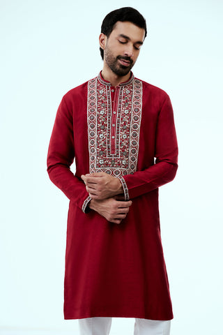 Red Raw Silk Mens Kurta Set with Resham Work and Metallic Embroidery
