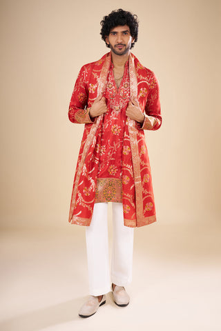 Red Banarasi Silk Kurta Set with Woven Zari Accents