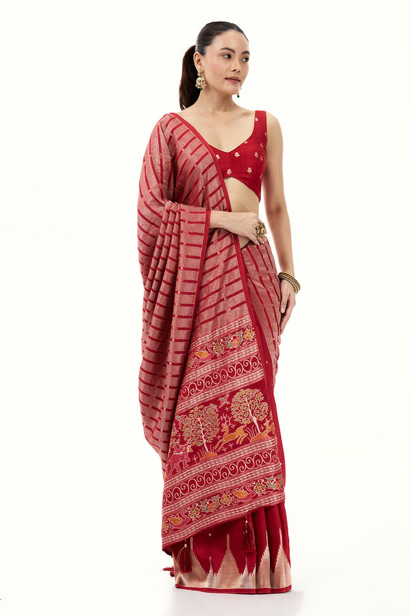 Red Silk Woven Saree with Nature Motifs