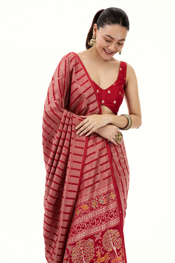 Red Silk Woven Saree with Nature Motifs