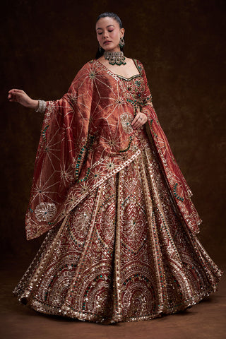 Red Tissue Silk Bridal Lehenga with Stone, Sequin, and Bead Work