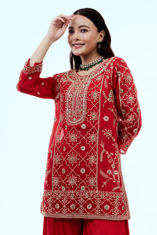 Red Uppada Silk Suit Set with Zardosi Work