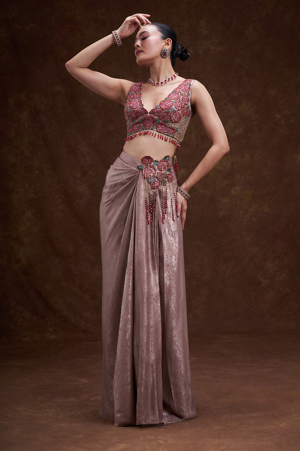 Rose Gold Floral Embellished Drape Skirt Set