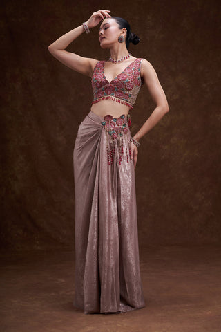 Rose Gold Floral Embellished Drape Skirt Set