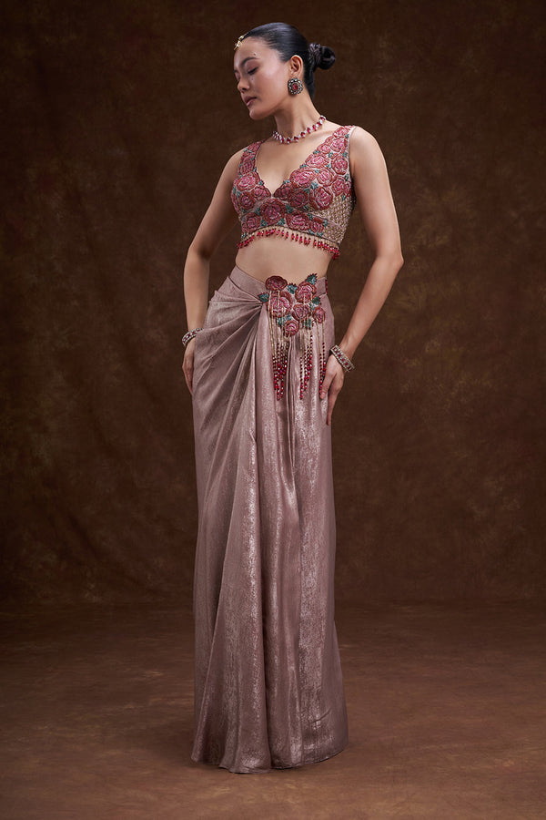 Rose Gold Floral Embellished Drape Skirt Set